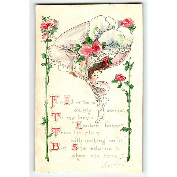 Vintage Easter Postcard Archer's Laundry Woman Big Hat Floral Bonnet 1910s AMP - Picture 1 of 2